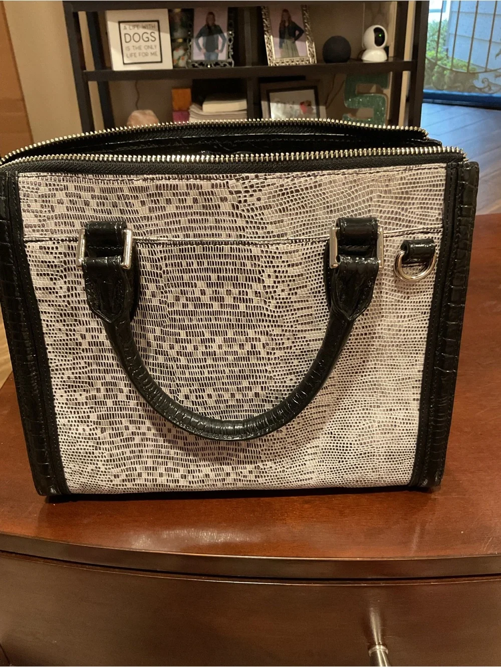 Brahmin Black and White Textured Satchel
